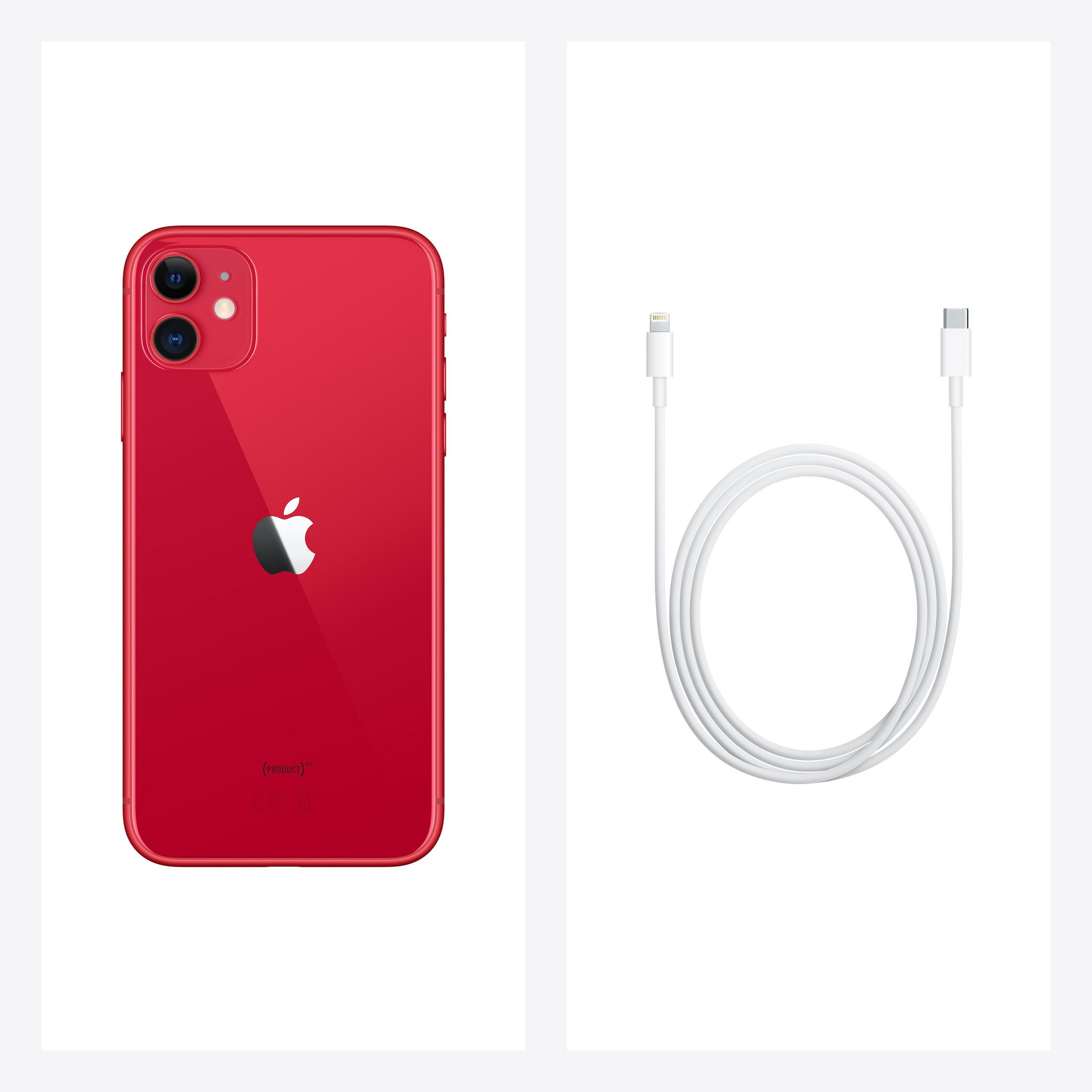 Czerwony iPhone z białym logo Apple i biały kabel ładujący obok niego na białym tle.