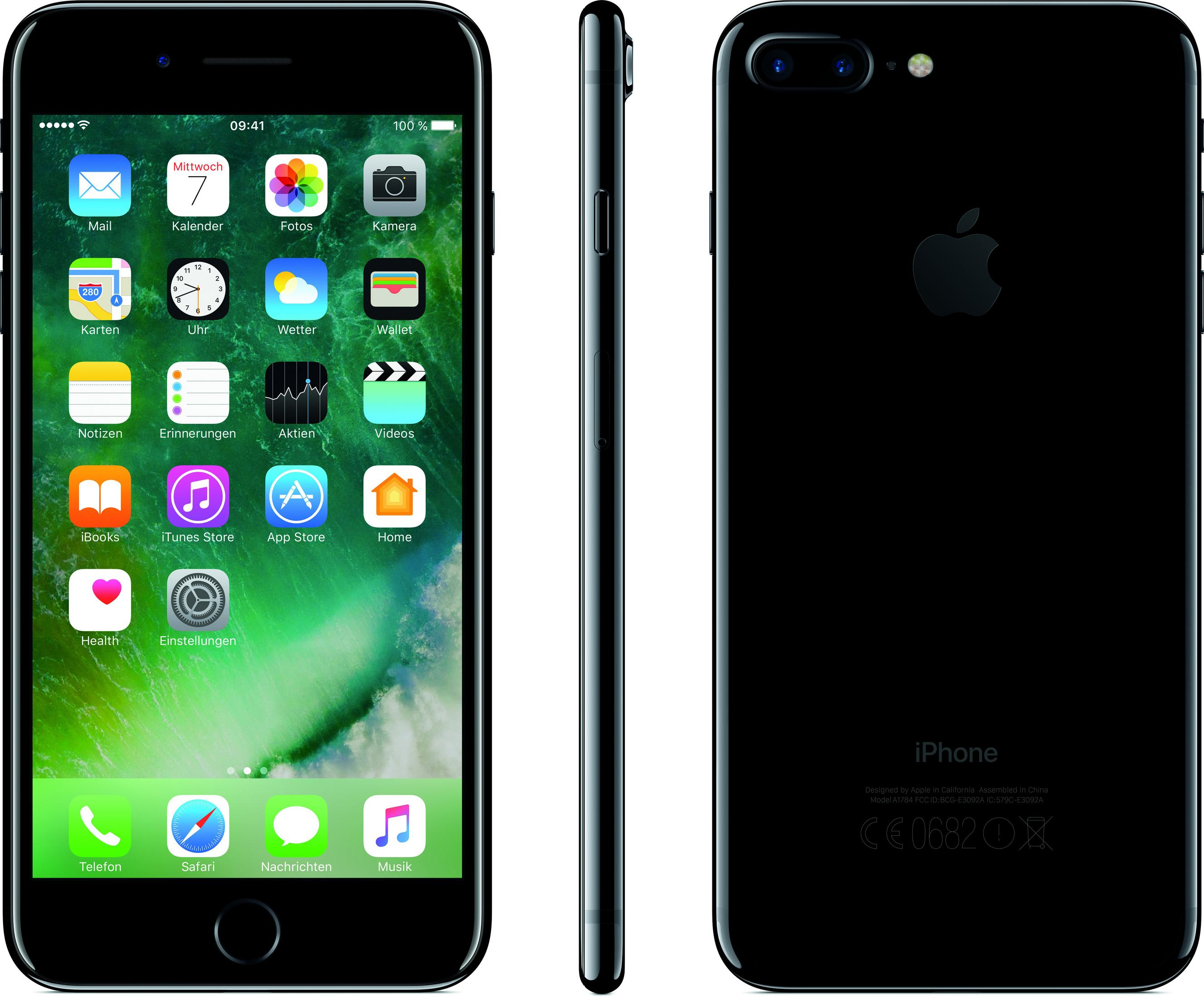 Trzy widoki czarnego iPhone'a: przód z aplikacjami, bok i tył z logo Apple.