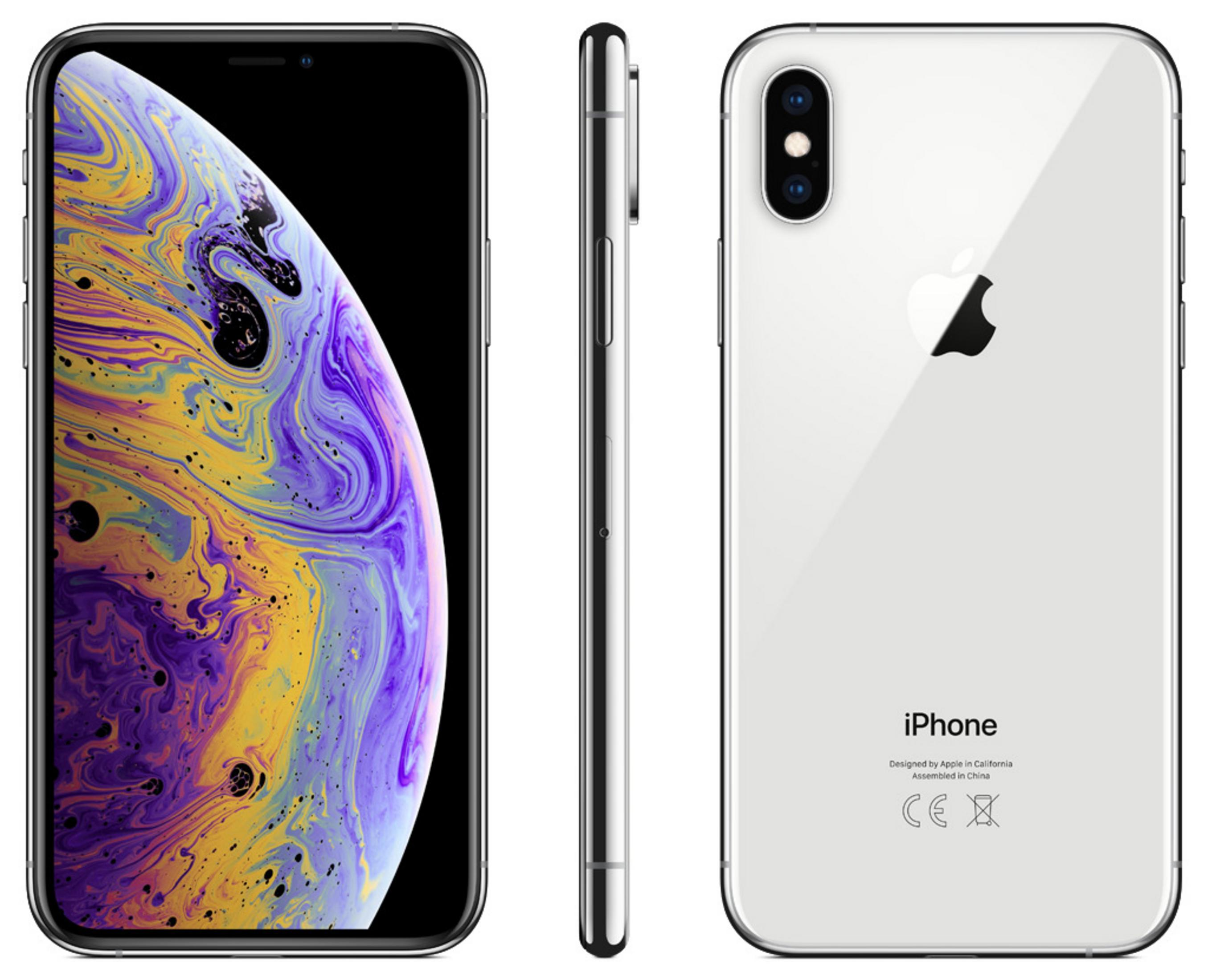 iPhone XS w trzech widokach. Przód, bok i tył. Biały kolor z logo Apple.
