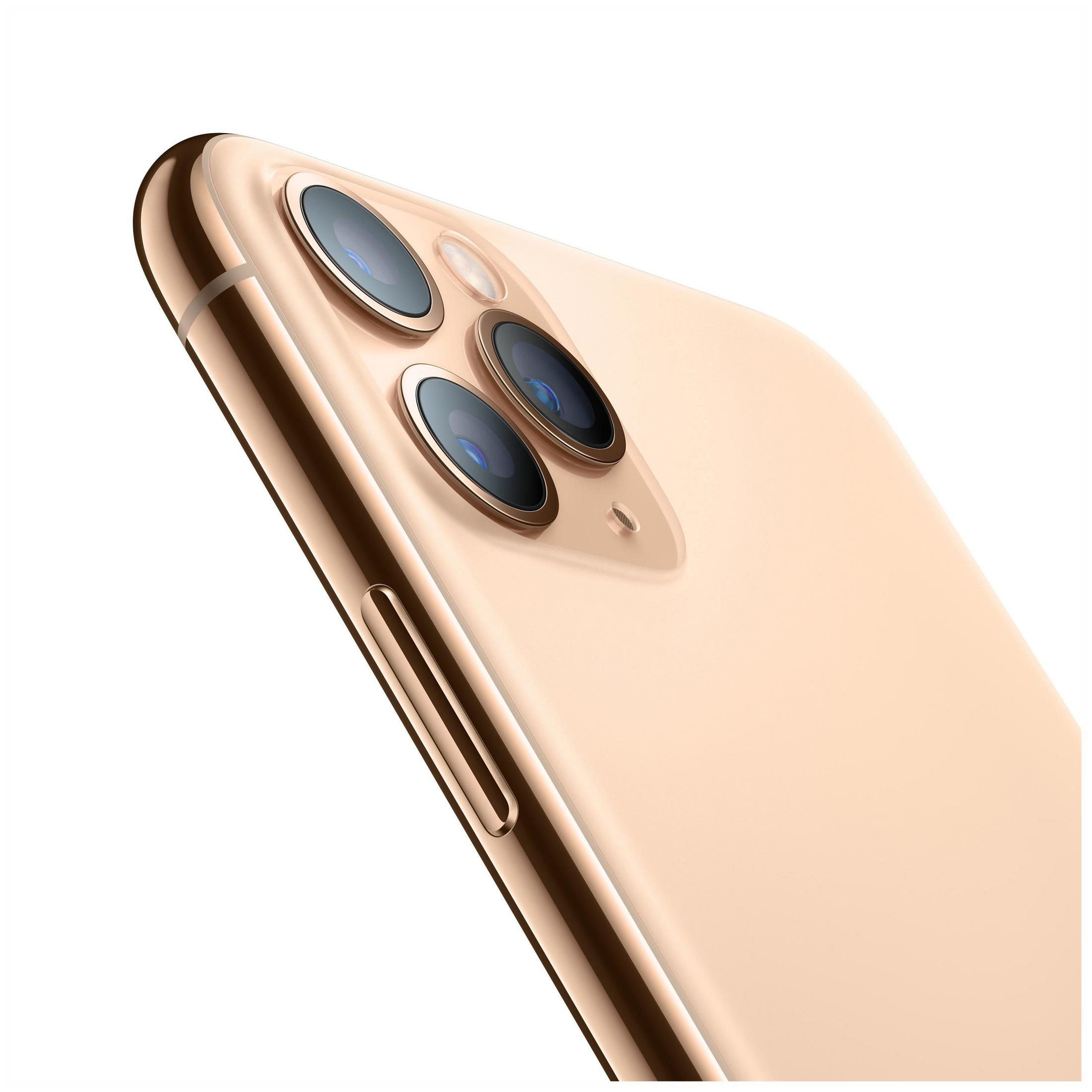 Zbliżenie tyłu złotego iPhone'a 11 Pro, z trzema obiektywami aparatu i smukłą, zakrzywioną konstrukcją telefonu.