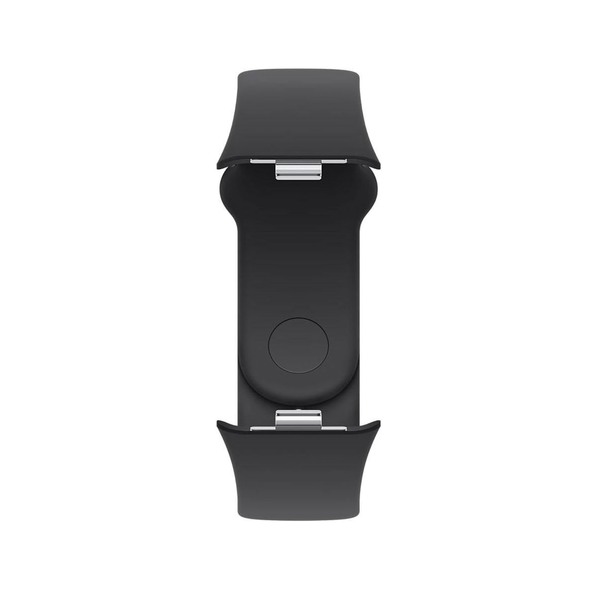Zwarte smartwatch-band met sluiting, bovenaanzicht.