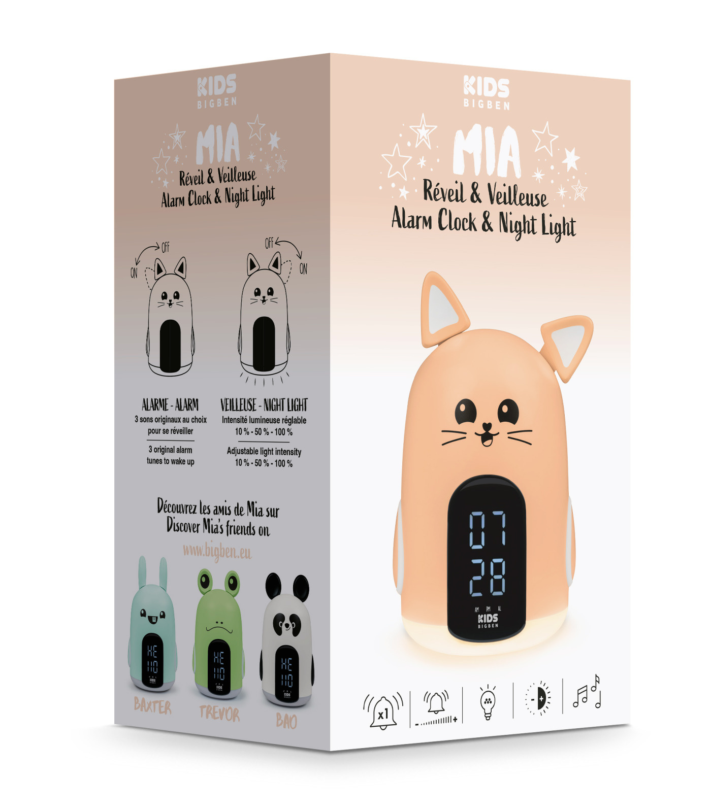 Despertador con diseño de gato. Es rosa y blanco con pantalla digital.