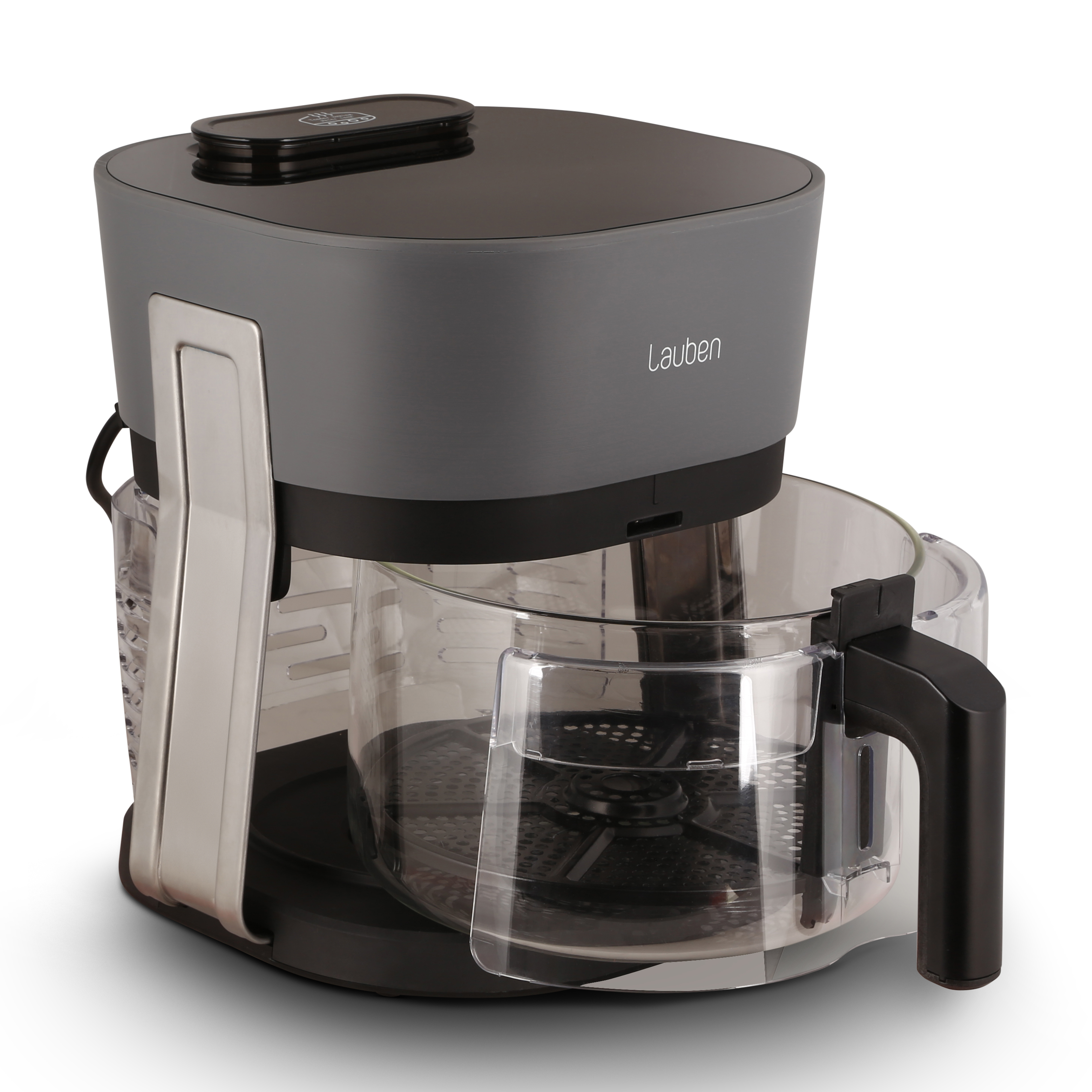 Grau-schwarze Kaffeemaschine mit transparenter Karaffe und silbernem Griff.