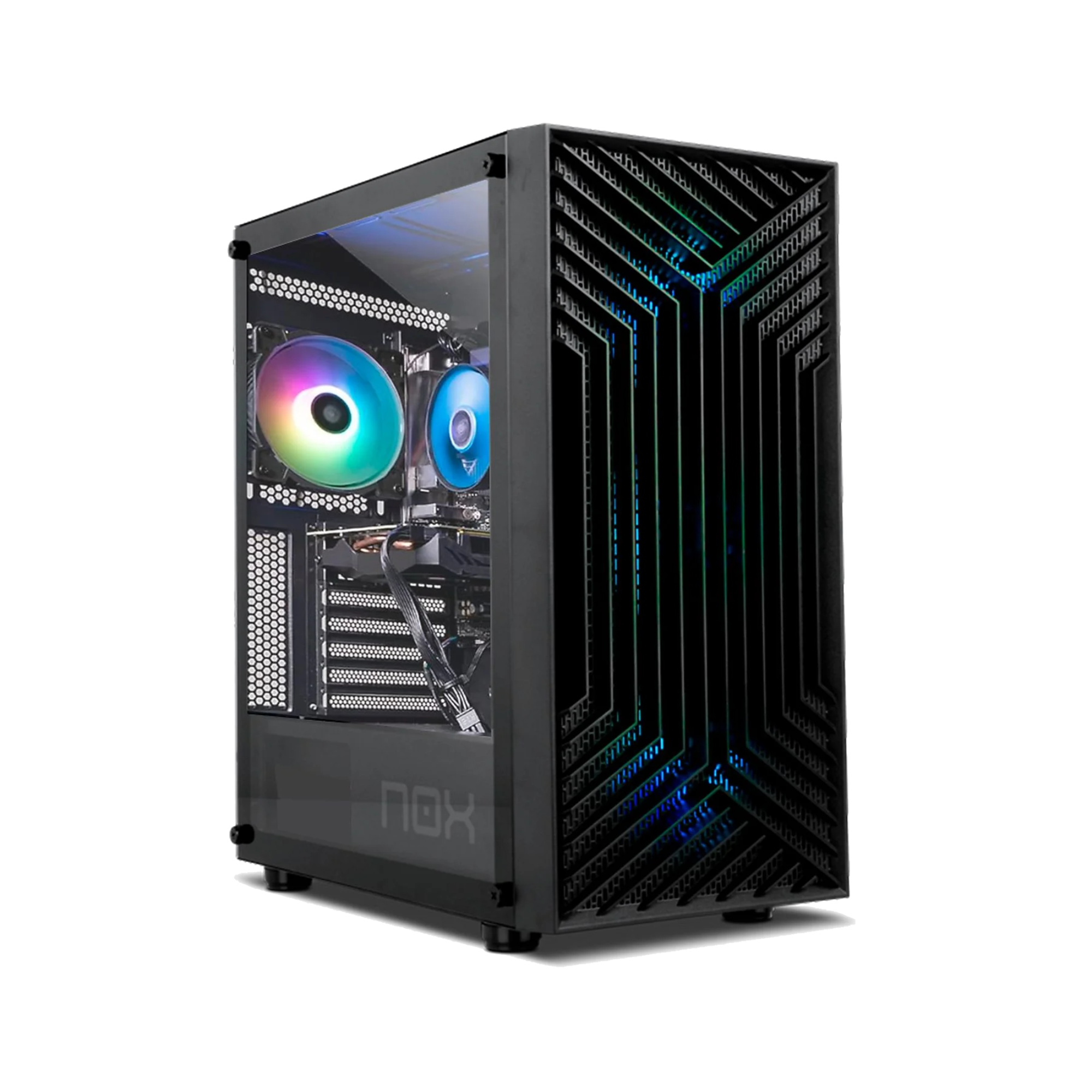 Caja de ordenador negra con ventiladores RGB y un panel lateral transparente. Logotipo NOX visible.