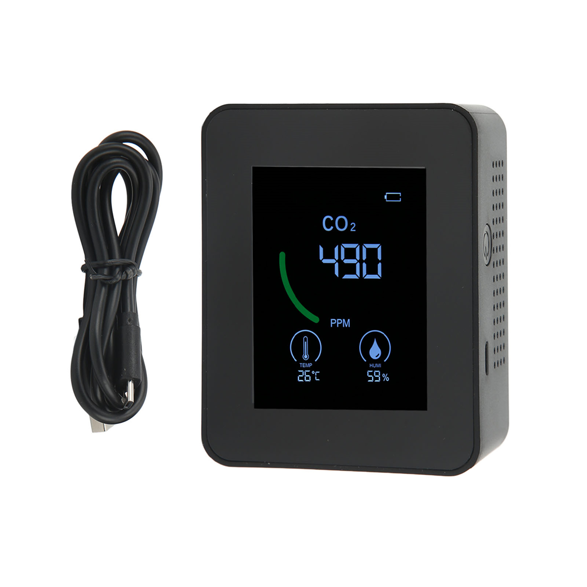 Schwarzer CO2-Detektor mit 490 PPM, Temperatur und Luftfeuchtigkeit. Mit USB-Kabel.