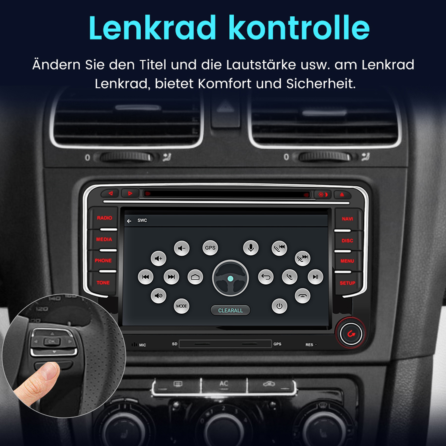 Auto-Armaturenbrett mit Bildschirm, der Optionen anzeigt. Eine Hand zeigt auf das Lenkrad.