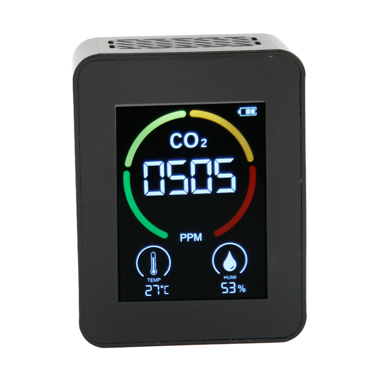 Ein schwarzer CO2-Monitor mit digitaler Anzeige, die CO2-Werte, Temperatur und Luftfeuchtigkeit anzeigt.