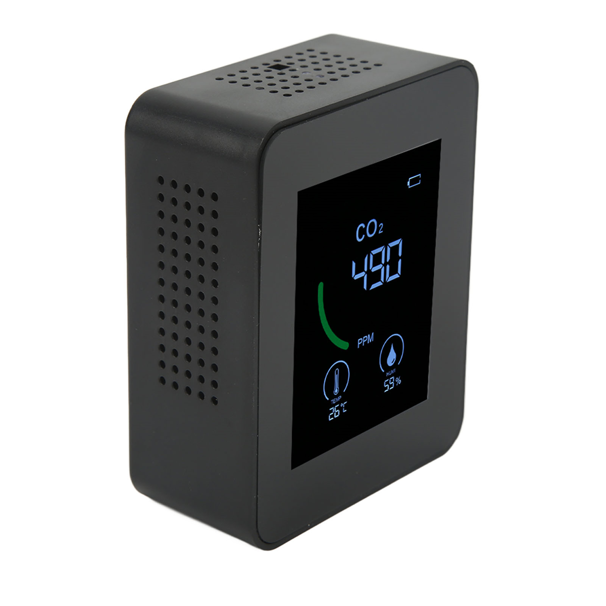 Schwarzer CO2-Monitor mit Anzeige von 490 PPM, 26°C und 59%. Das Gerät hat ein Display und Tasten.