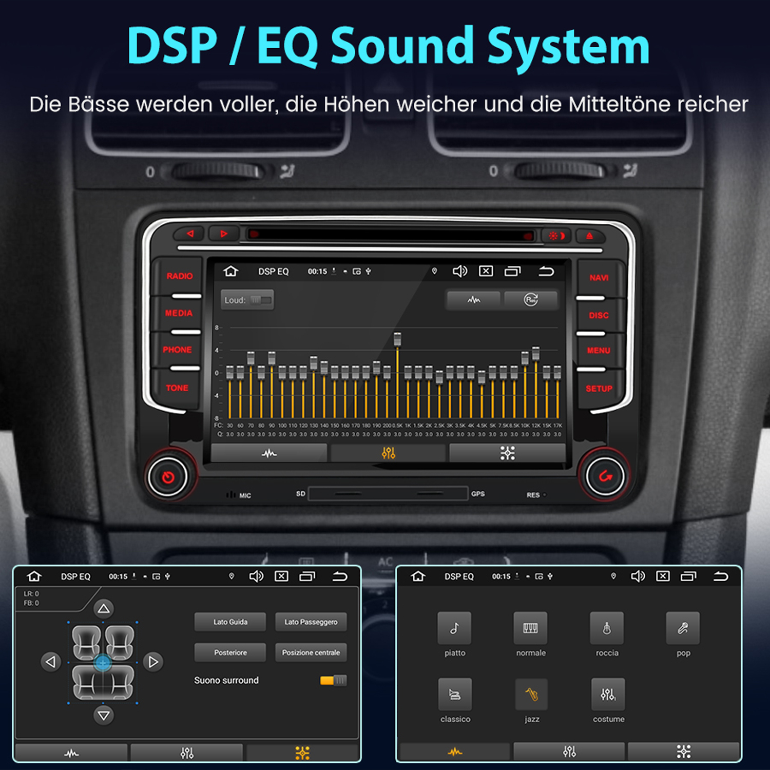 Autoradio mit Touchscreen, mehreren Knöpfen und Text in verschiedenen Sprachen.