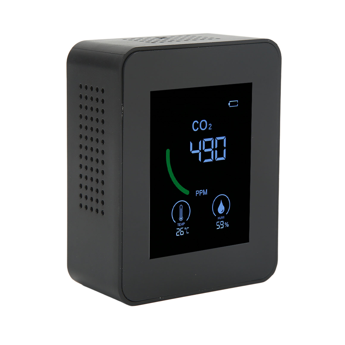 Schwarzer Luftqualitätsmonitor mit CO2-Pegel, Temperatur und Luftfeuchtigkeit. Er hat einen kleinen LCD-Bildschirm.