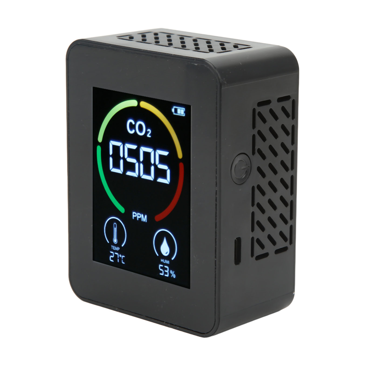 Ein schwarzer CO2-Monitor zeigt CO2, PPM, Temperatur und Luftfeuchtigkeit an.
