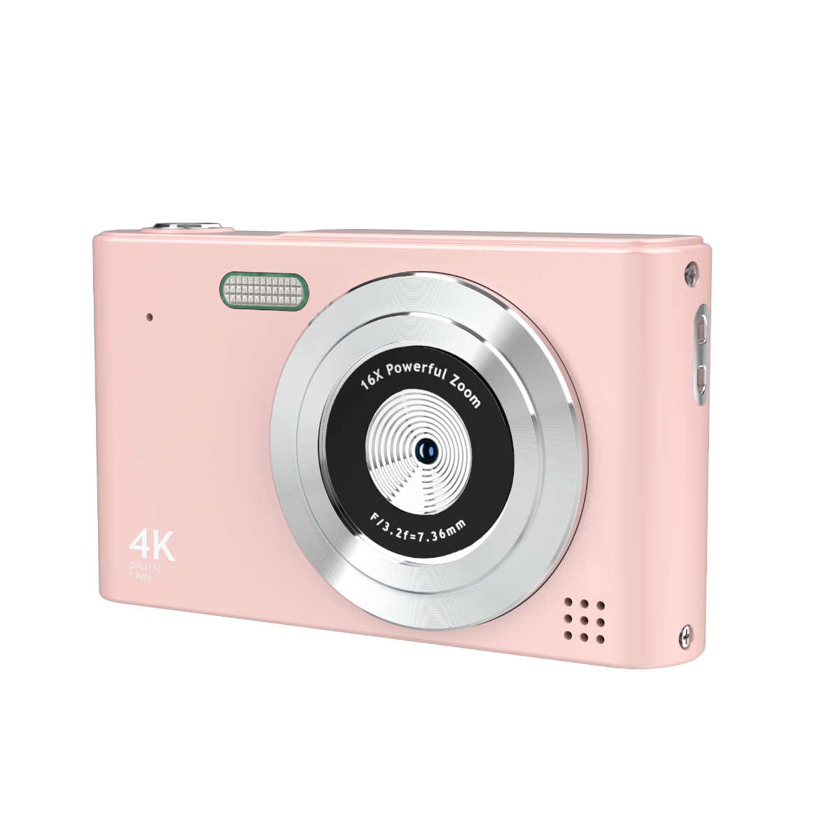 Rosa Digitalkamera mit großem Objektiv und 4K-Etikett auf weißem Hintergrund.