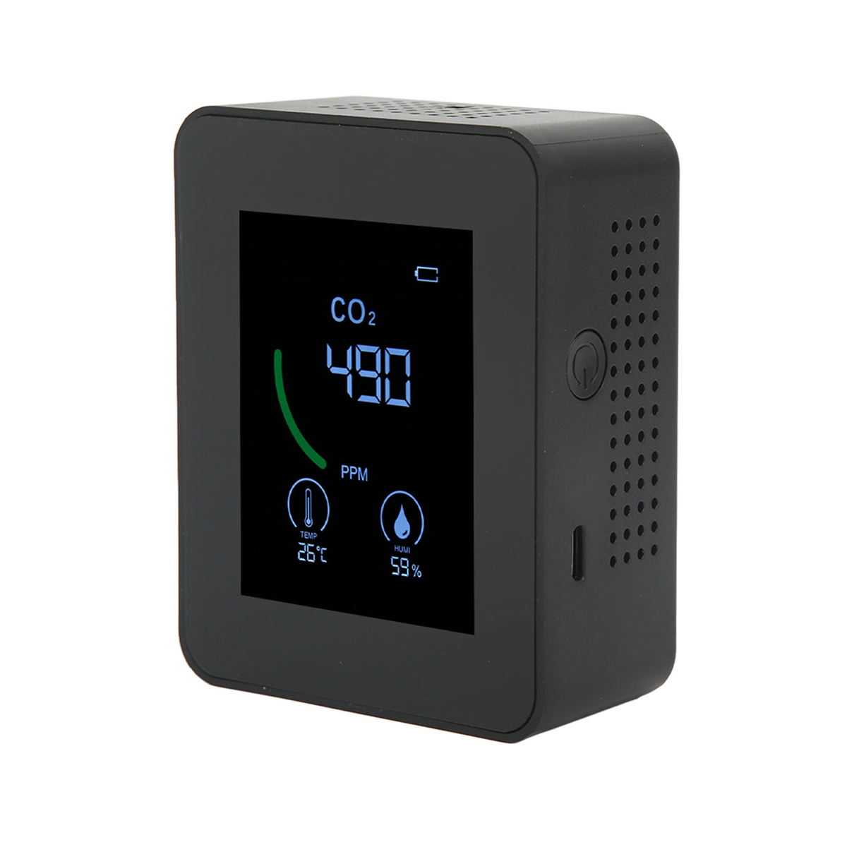 Schwarzer Luftqualitätsmonitor mit CO2-Anzeige, Temperatur- und Feuchtigkeitsmesswerten.