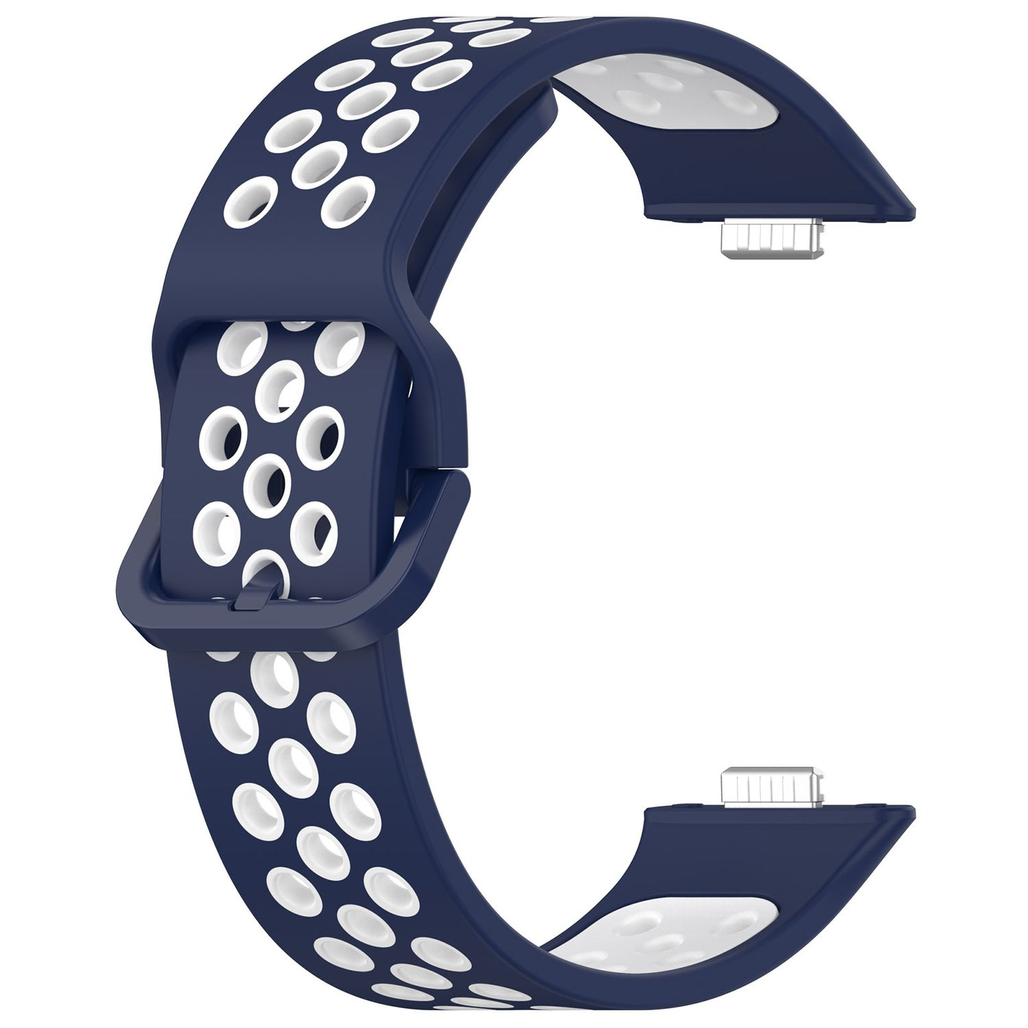Dunkelblaues und weißes Armband. Perforiertes Design mit Schnalle. Modernes und sportliches Design.