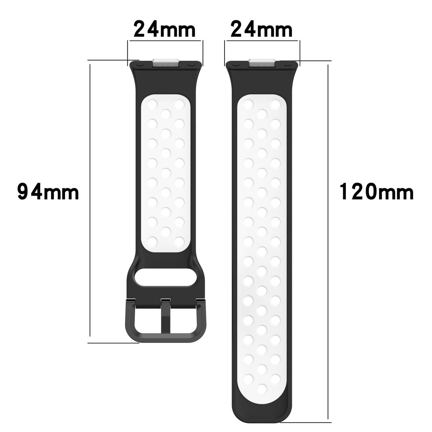 Zwei schwarz-weiße Uhrenarmbänder, eines mit Schnalle, das andere länger, mit Abmessungen.