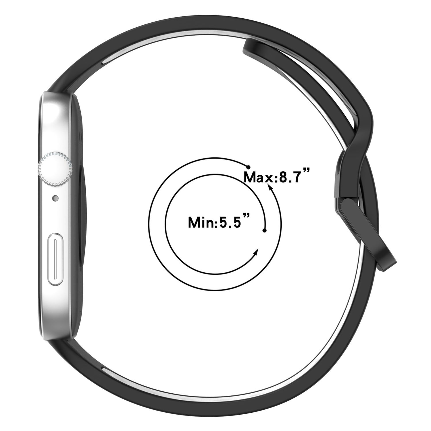 Seitenansicht einer schwarzen Uhr mit Armband. Bild zeigt minimale und maximale Handgelenkgrößen.