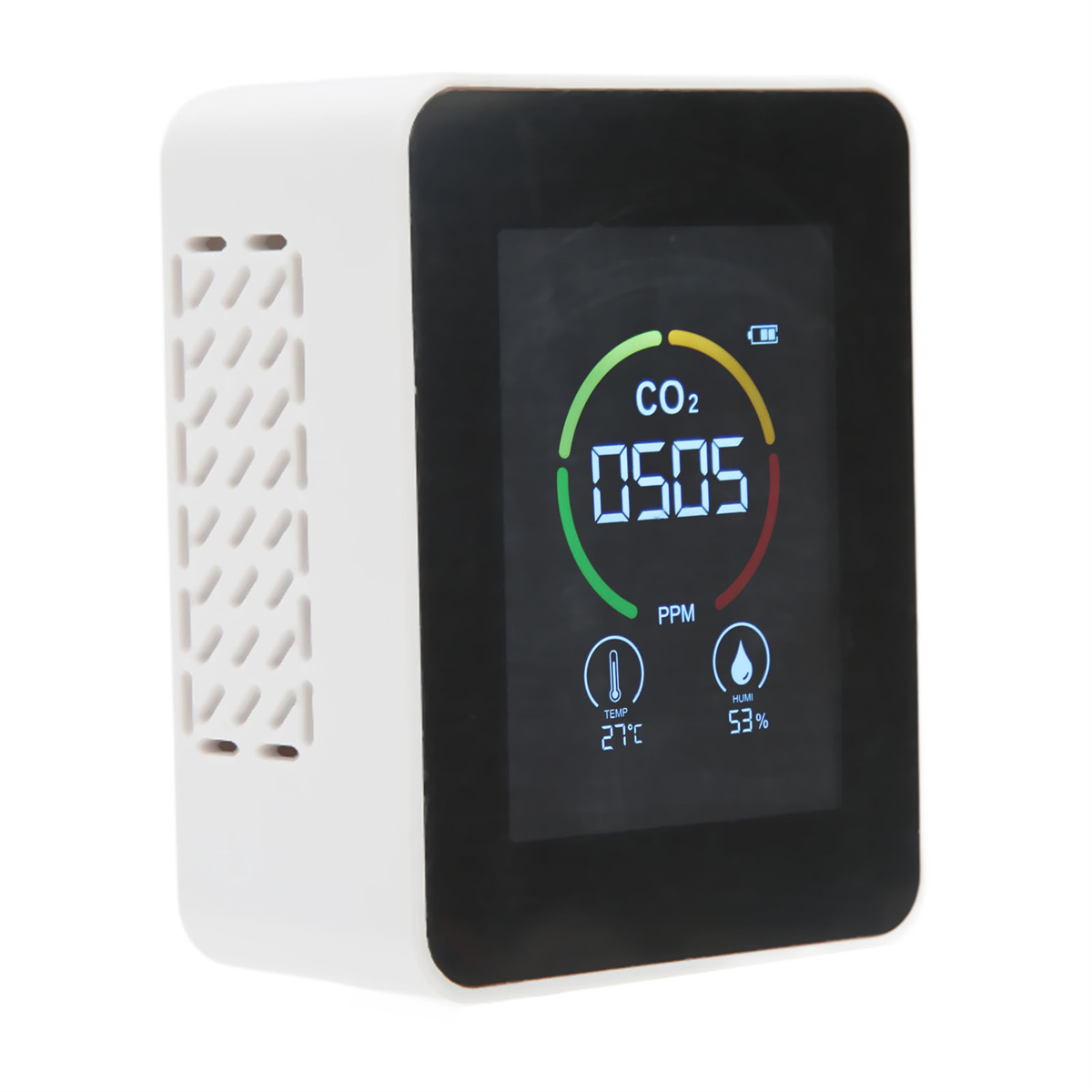 Weißer CO2-Monitor mit Digitalanzeige, die PPM- und Temperaturwerte anzeigt.