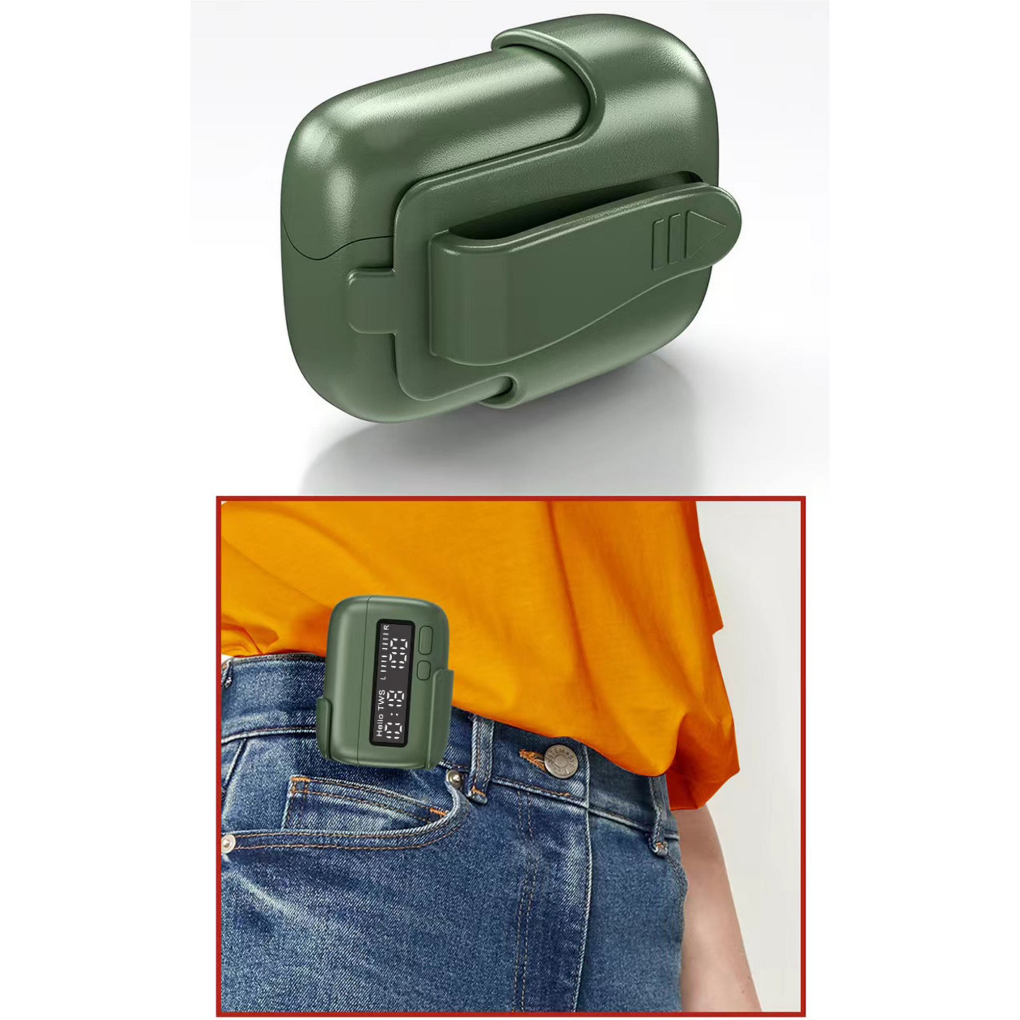 Grüne Hülle mit Clip auf der Rückseite. Kleines Display in der Tasche, zeigt Zahlen.
