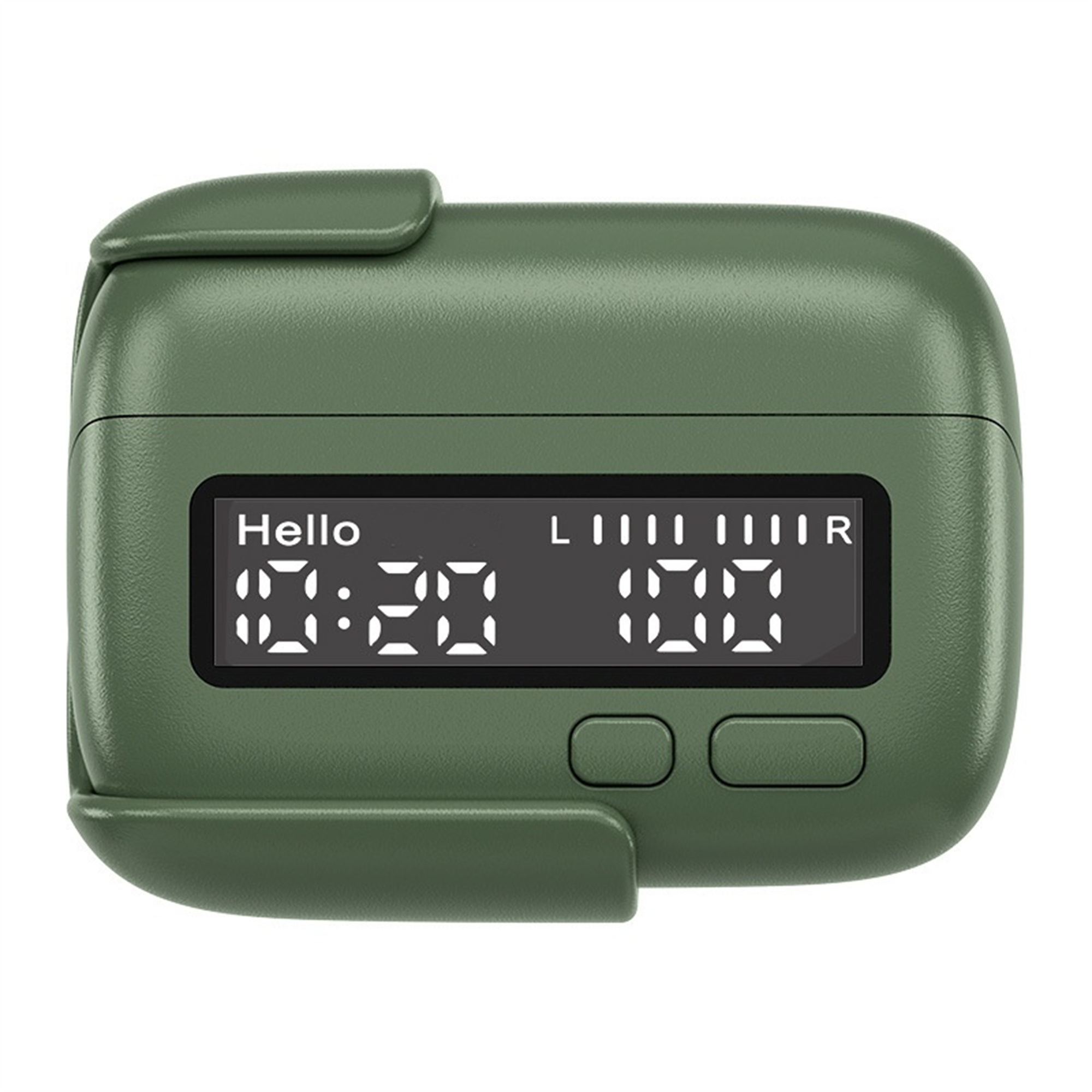 Grüne Smartwatch, zeigt Zeit und Akkustand. Schwarzes Display. Tasten sichtbar. Weißer Hintergrund.