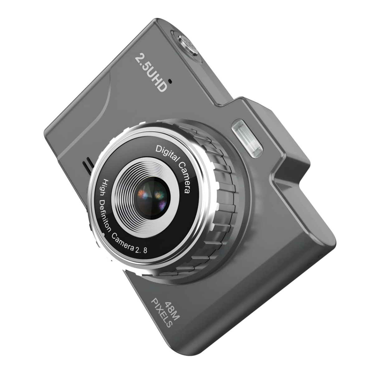 Eine graue Dashcam mit Objektiv und den Aufschriften '2.5UHD' und '48M PIXELS'. Weißer Hintergrund.