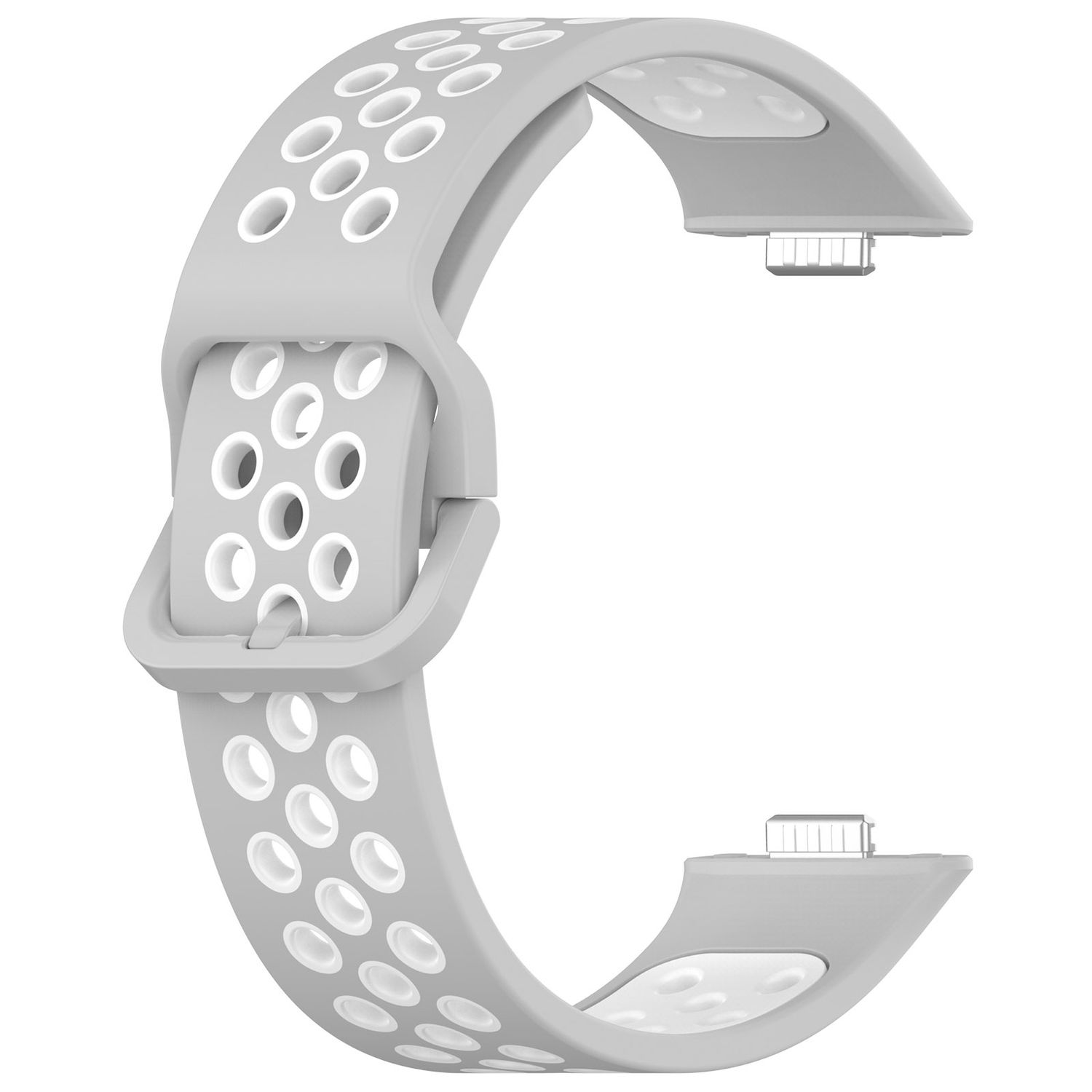Ein graues Uhrenarmband mit weißen Perforationen und einer Schnalle.