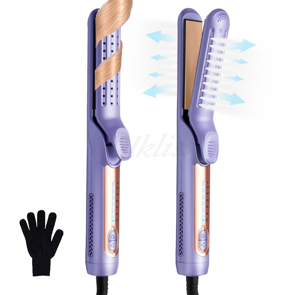 Ein lila-goldener Haarcurler und -glätter mit Handschuh.