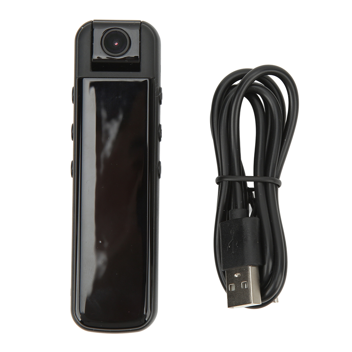 Schwarze Minikamera und USB-Kabel. Weißer Hintergrund.
