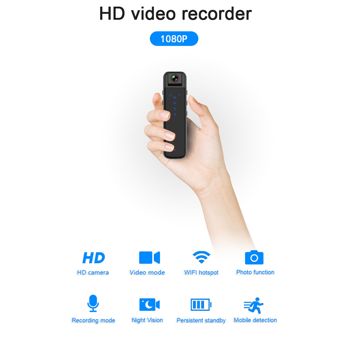 Schwarzer HD-Videorekorder in der Hand. Knöpfe und Kameraobjektiv. Symbole zeigen Funktionen.