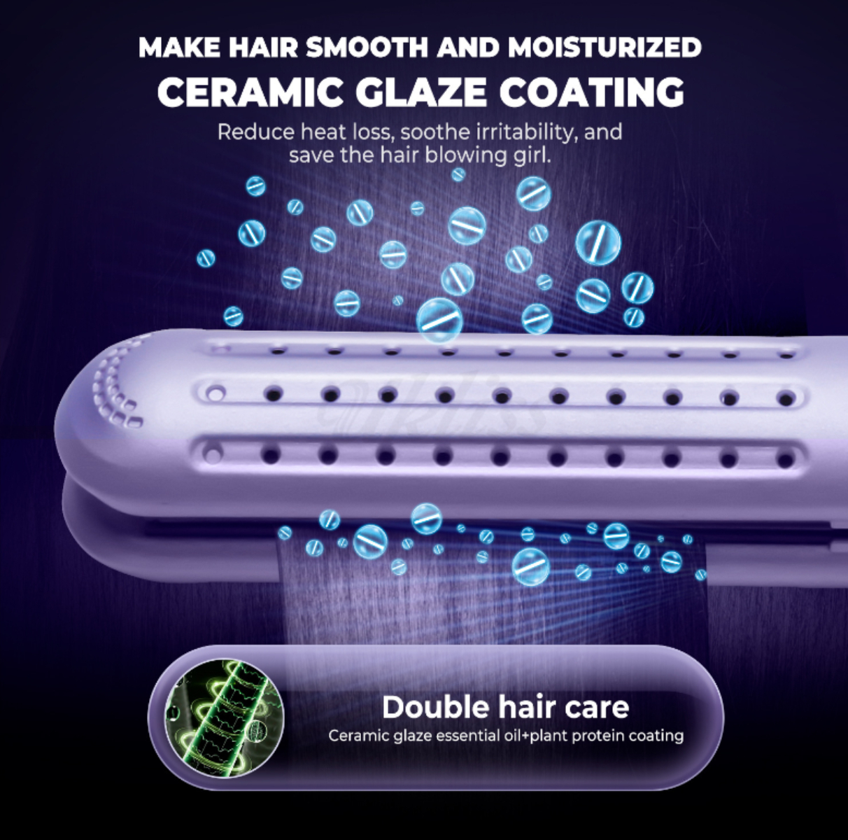 Ein Haarglätter mit Keramikbeschichtung, der die Vorteile für die Haarpflege hervorhebt.