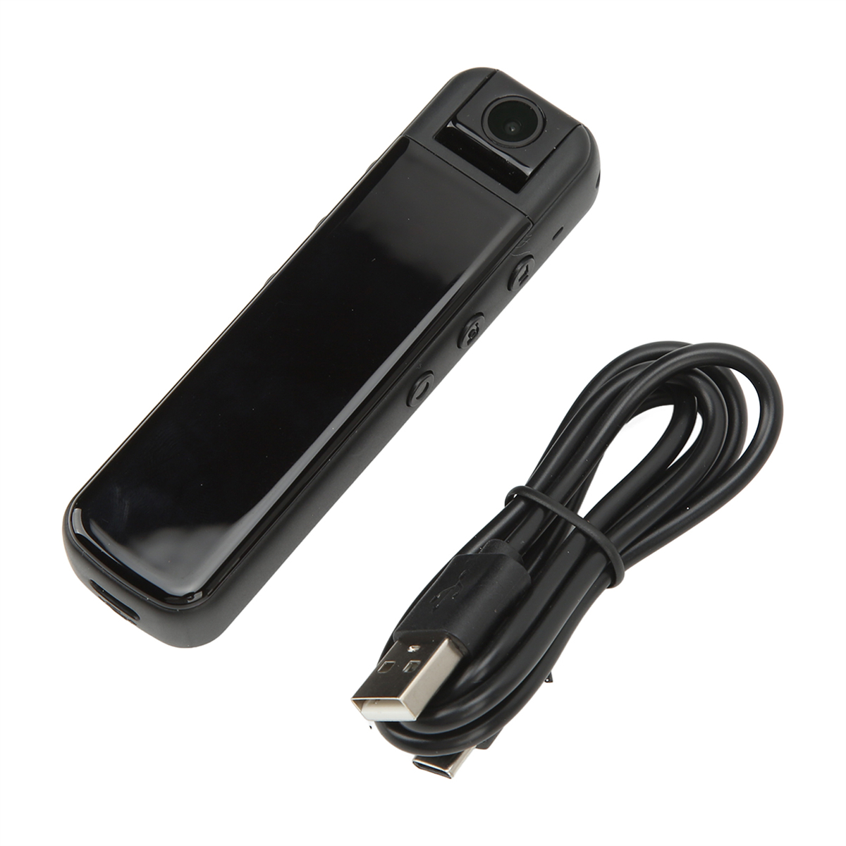 Schwarze, rechteckige Mini-Kamera mit Ladekabel daneben. Die Kamera hat ein Objektiv.