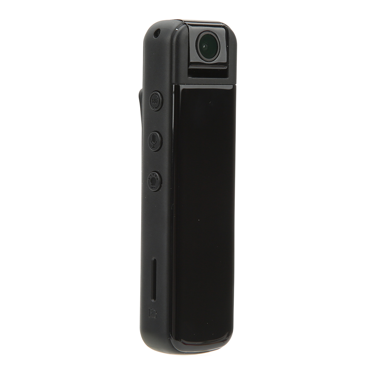 Schwarze rechteckige Mini-Kamera. Sie hat ein Objektiv, Knöpfe und einen Clip. Weißer Hintergrund.