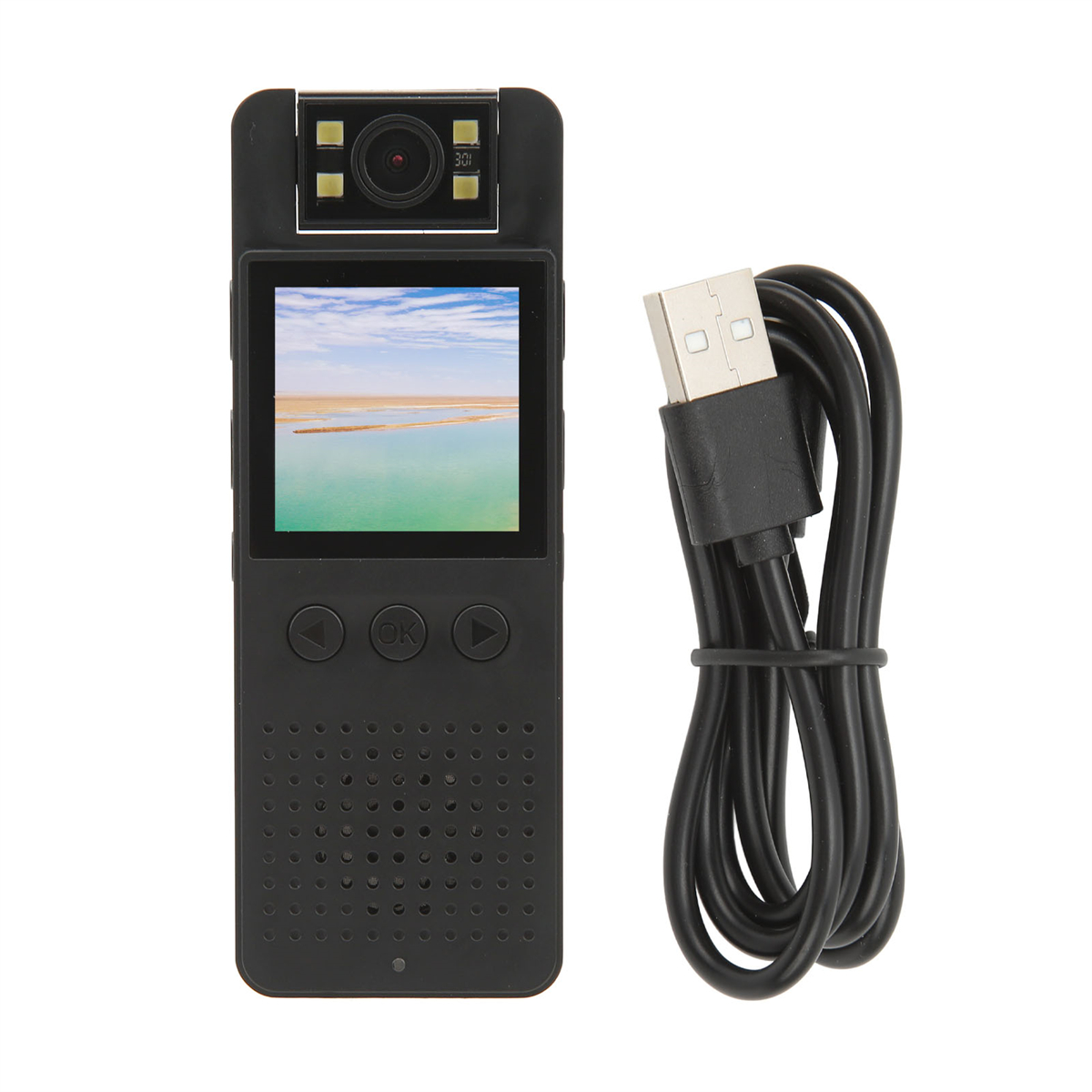 Schwarze Minikamera mit Bildschirm, USB-Kabel und Tasten. Der Bildschirm zeigt eine Landschaft.