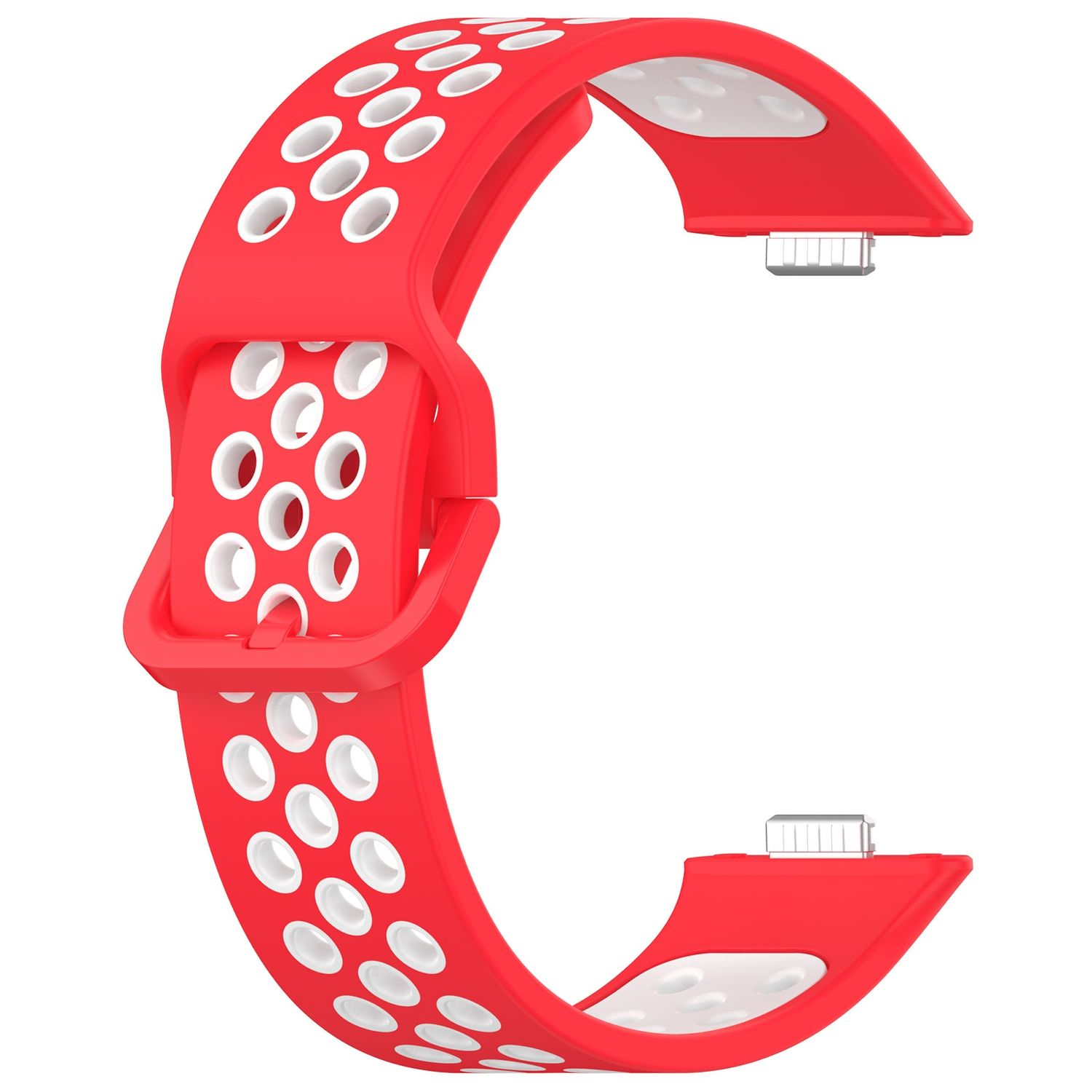 Rotes und weißes Armband. Das Armband hat mehrere Löcher und eine Schnalle.
