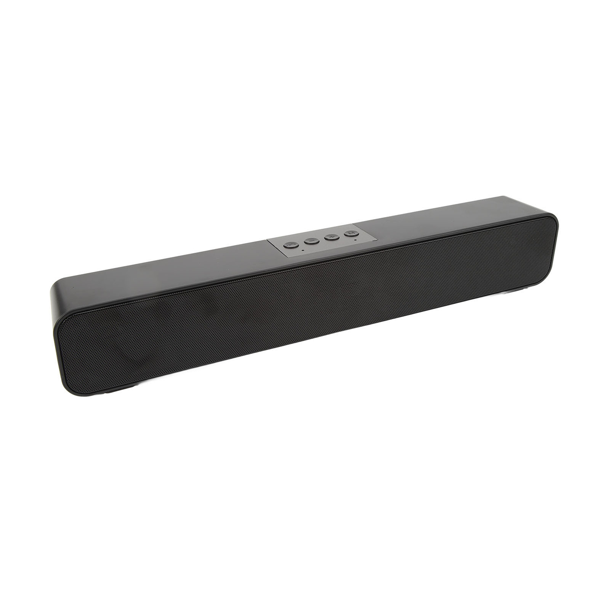 Schwarze Soundbar mit Knöpfen. Die Front hat ein Netz. Isoliert auf Weiß.