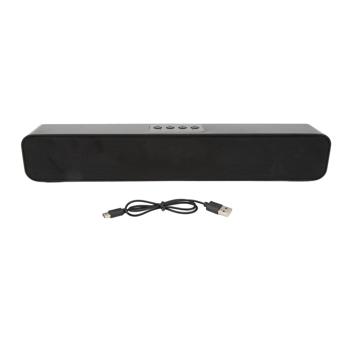 Eine schwarze Soundbar mit Knöpfen oben, einem USB-Kabel und einem USB-Anschluss.