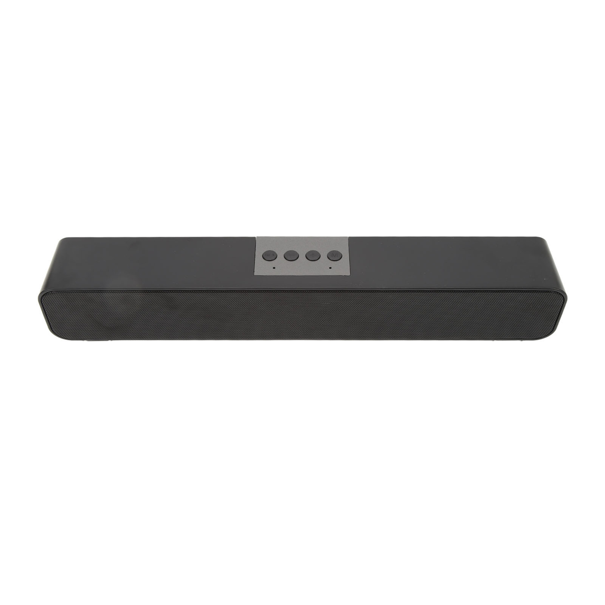 Schwarze rechteckige Soundbar mit Knöpfen oben und Lautsprechergitter vorne.