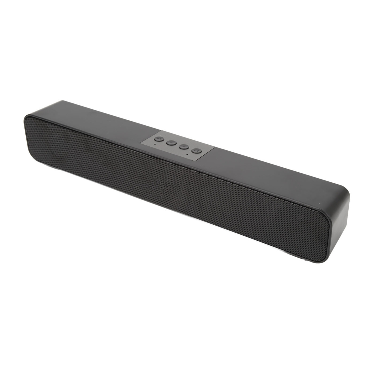 Eine schwarze, rechteckige Soundbar mit vier Knöpfen und einem Lautsprechergrill.
