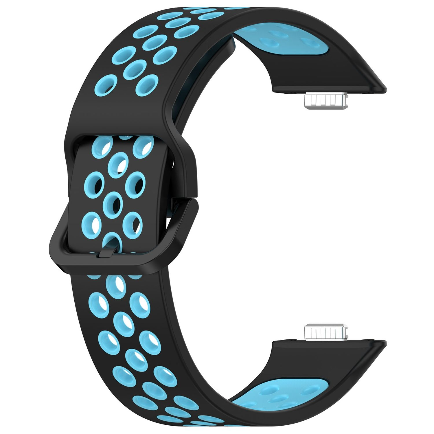 Schwarzes und blaues Uhrenarmband mit ovalen Aussparungen und einer schwarzen Schnalle. Das Design ist sportlich.