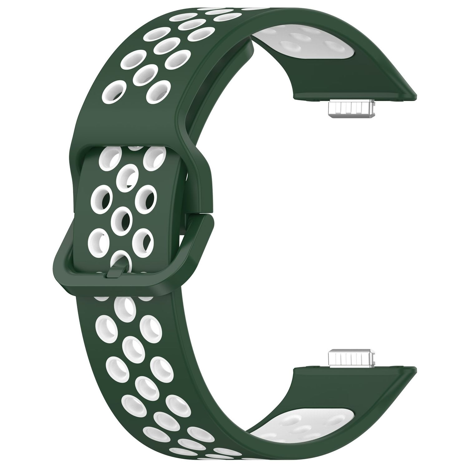 Ein grünes Smartwatch-Armband mit weißen Löchern und einer Schnalle.