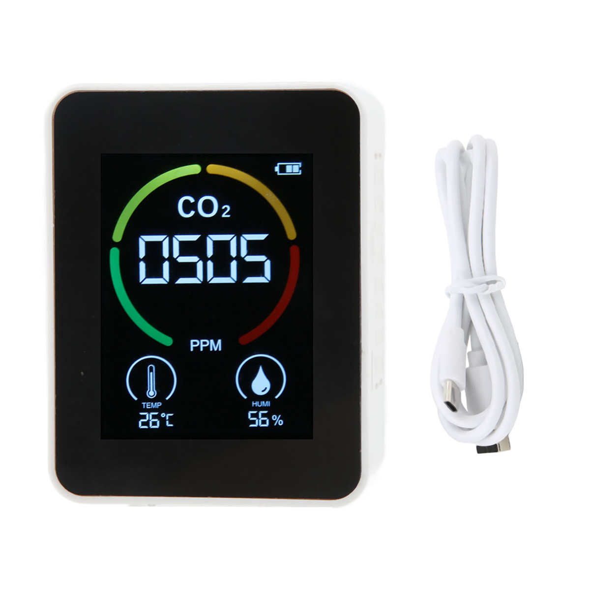 Weißer CO2-Monitor mit Anzeige von CO2-Pegel, Temperatur, Luftfeuchtigkeit und einem weißen USB-Kabel.