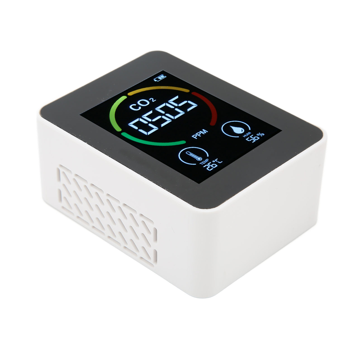 Weißer CO2-Detektor mit Digitalanzeige. Das Display zeigt Messwerte an. Weißer Hintergrund.