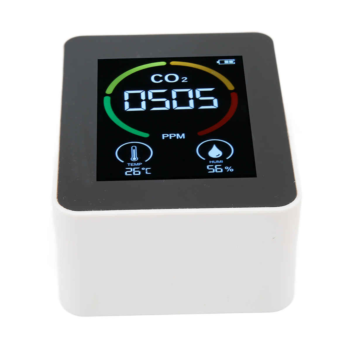 Ein weißer CO2-Monitor zeigt CO2, PPM, Temperatur und Luftfeuchtigkeit an.