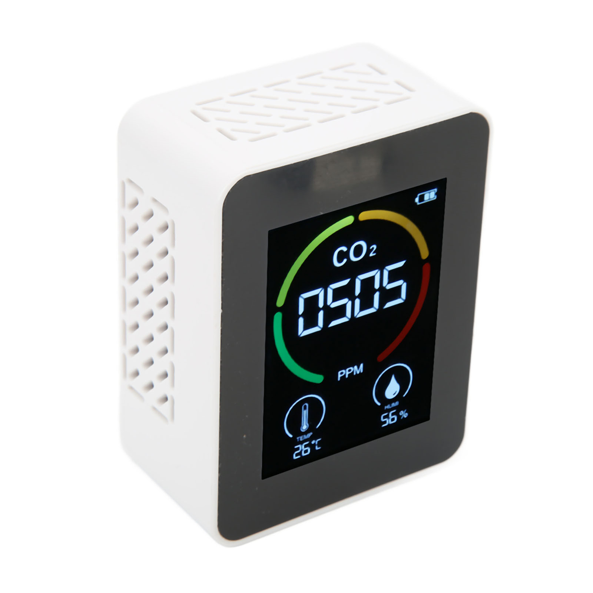 Ein weißer CO2-Monitor zeigt 0505 PPM, 26 °C und 56 % Luftfeuchtigkeit an.