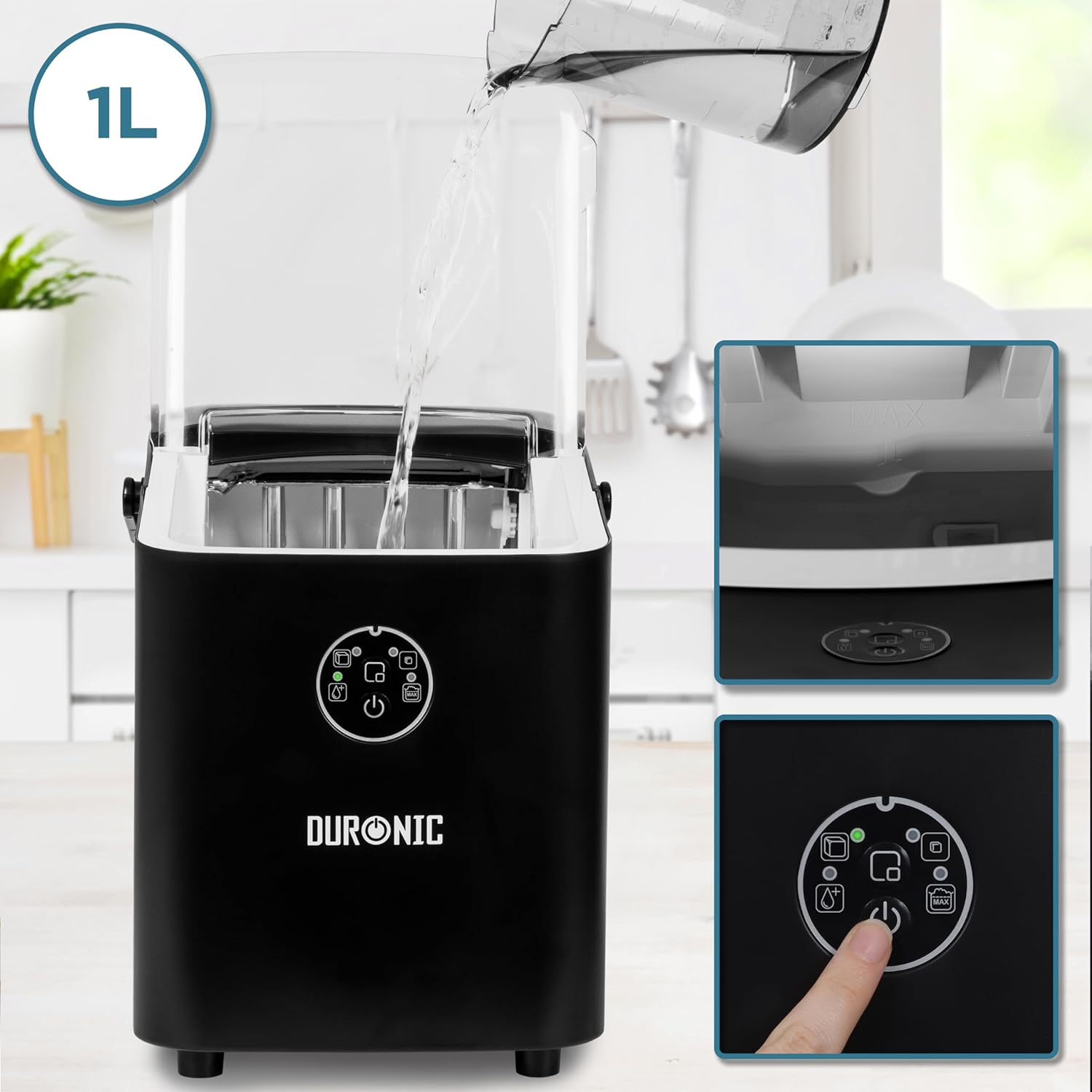 Schwarz-weißer Eisbereiter, Wasser wird eingefüllt. Bedienfeld mit Touch-Taste wird gezeigt.