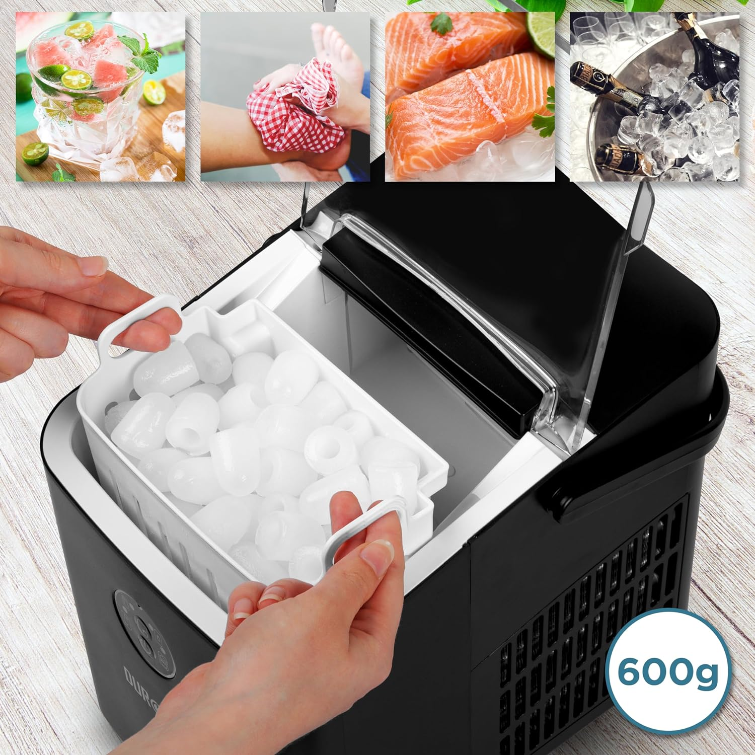 Ein Eisbereiter mit einem Behälter mit Eis und kleinen Bildern von Getränken und Lebensmitteln.