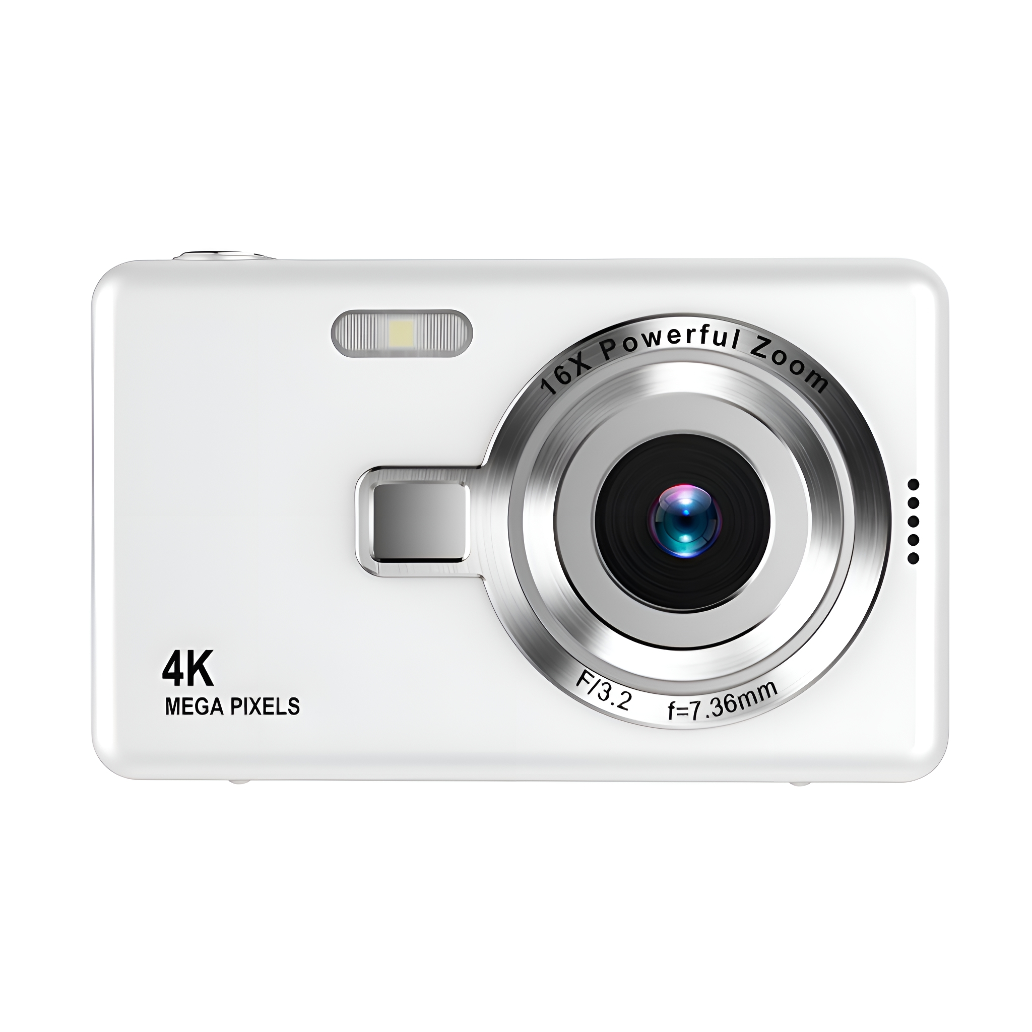 Weiße Digitalkamera mit Zoomobjektiv. Weißer Hintergrund.