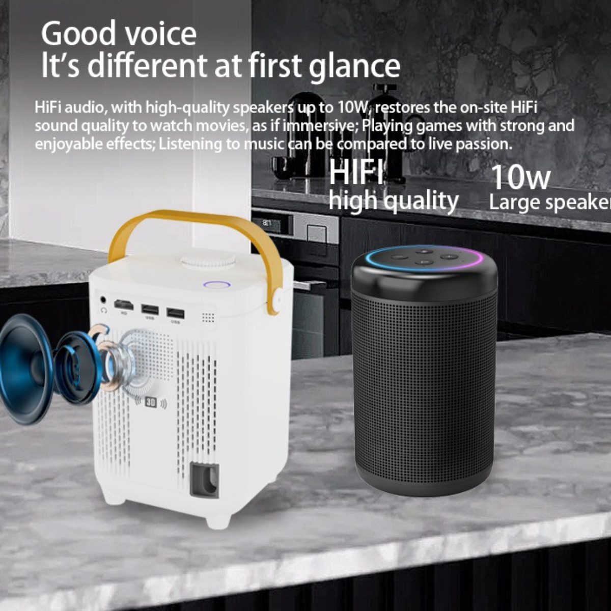 Weißer und schwarzer Projektor und schwarzer Lautsprecher. Der Text auf dem Bild lautet 'HiFi hohe Qualität' und '10 W'.