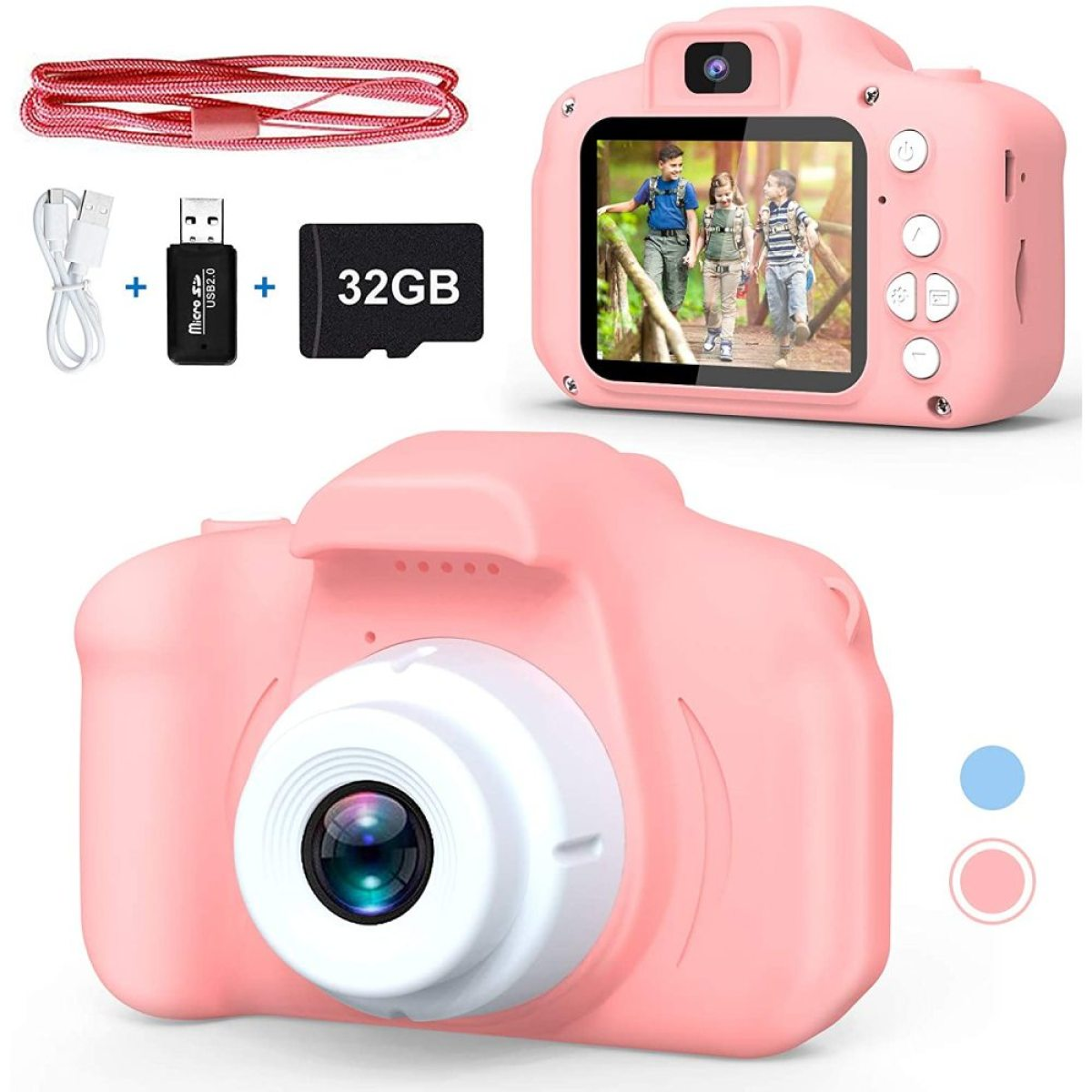 Rosa Kinderkamera mit 32GB Speicherkarte und Zubehör, zeigt ein Foto auf dem Bildschirm.