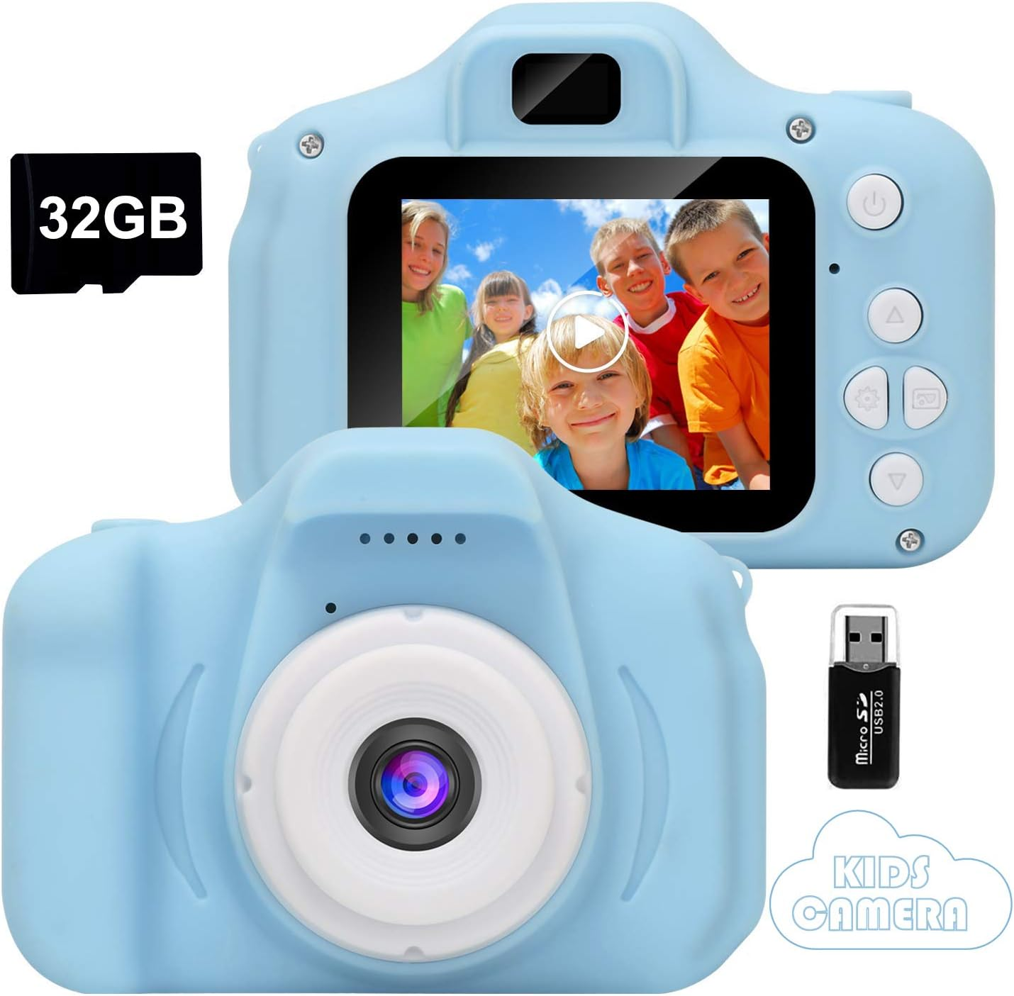 Eine blaue Kinderkamera mit Bildschirm, einer 32 GB Speicherkarte und einem USB-Adapter sind sichtbar.