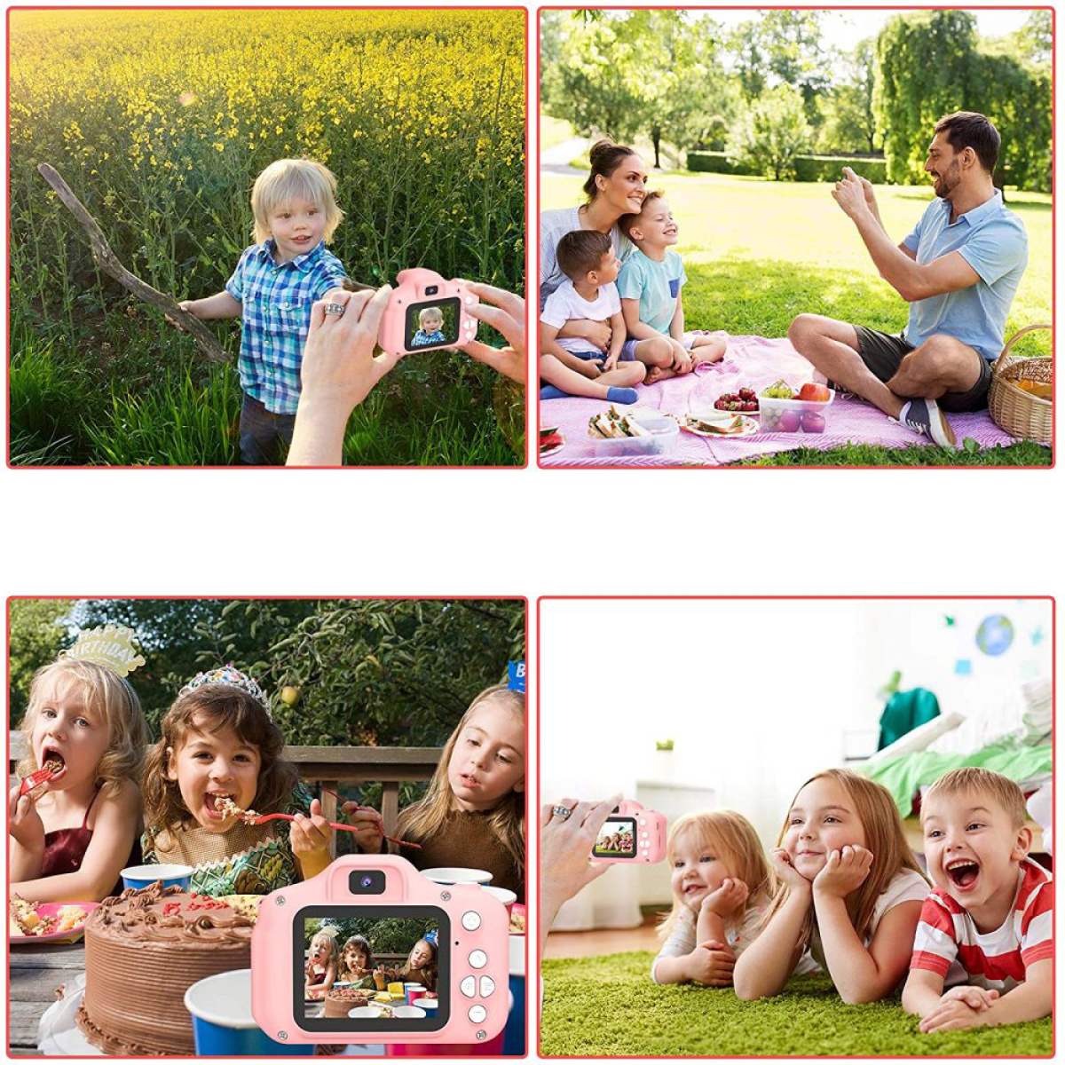 Vier Bilder von Kindern, die Spielzeugkameras benutzen. Ein Kind hält einen Stock.